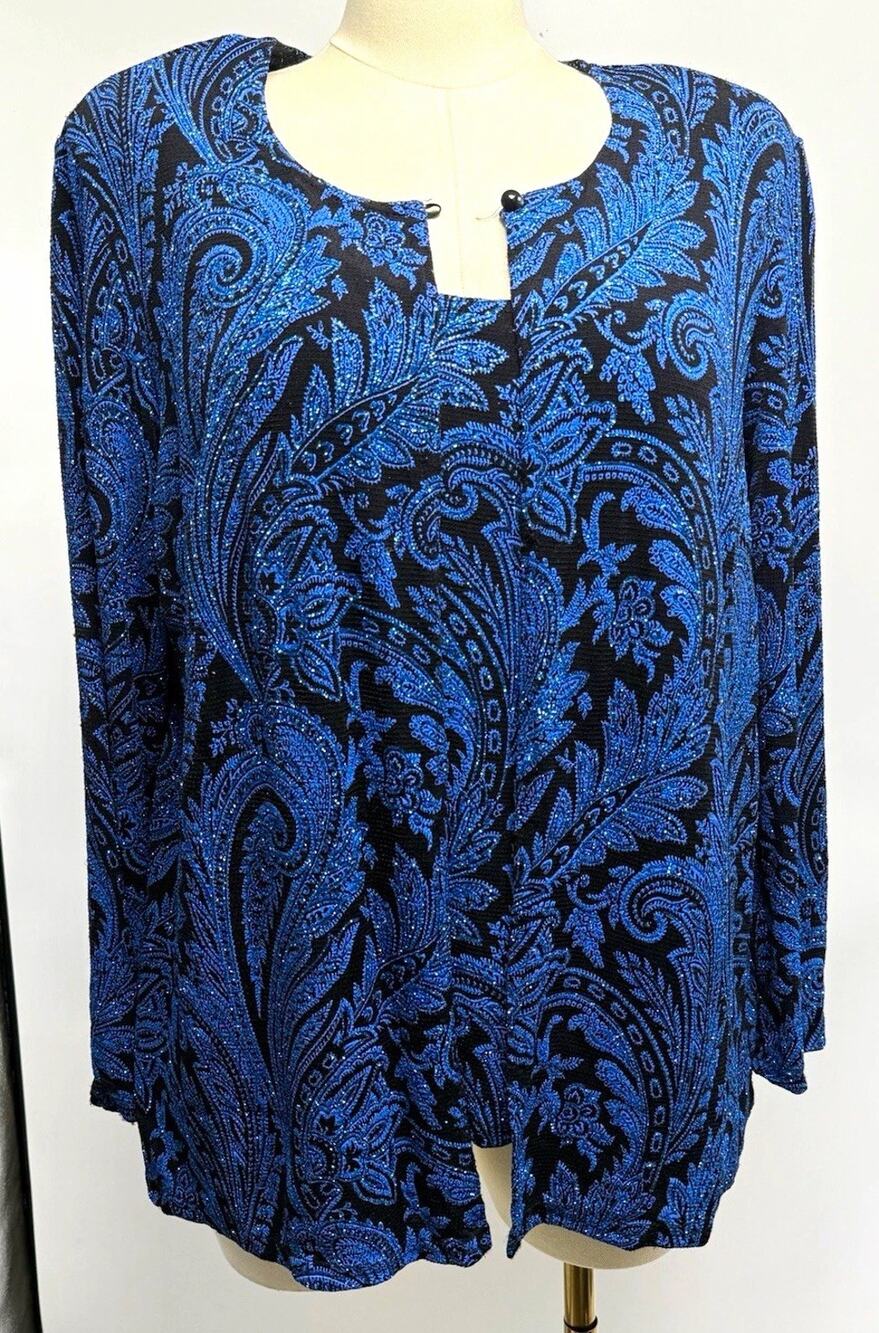 Onyx Nite Wendye Chaitin 2PC Knit Jacket Tank Set 1X Blue/Black Paisley Stretchy